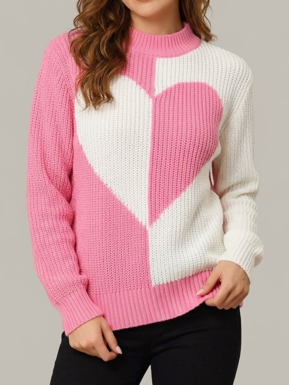 NWT Colorblock Heart Knit Sweater Pink Cream Mock Neck - Size Small - NWT